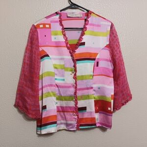 Taylor G Dallas Vintage Geometric Satin Button Front Blouse Top Mesh Sleeves